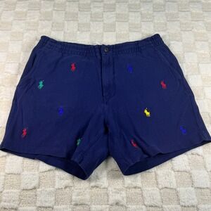 Polo Ralph‎ Lauren Navy Blue Multi Color Pony Logo Shorts Men's  M Elastic Waist